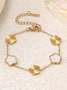 1pc Stainless Steel Fashionable Luxury New Titanium Steel 5-Petal Flower 18K Gold Plated Mother Of Pearl Inlay Dual-Tone Bracelet For Women