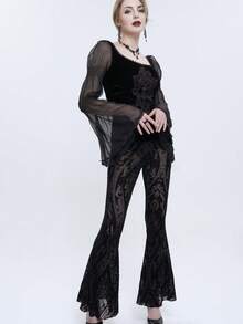 Quần ống loe bằng nhung màu tối theo phong cách Gothic, quần cạp cao in họa tiết bạc cổ điển, kiểu dáng ôm sát tôn dáng, dành cho những người yêu thích văn hóa đặc biệt. - màu đen - Xem 2