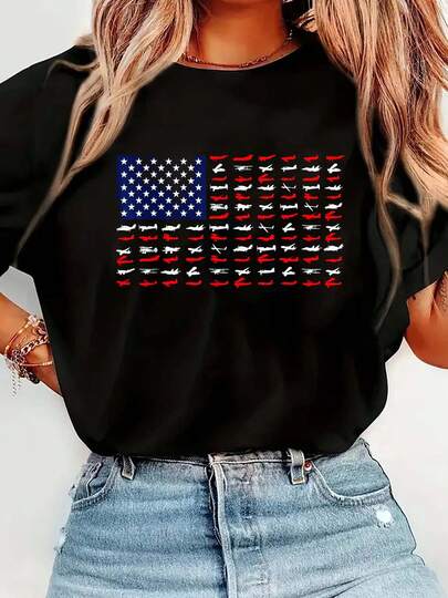 100% Cotton Airplane US Flag - Airline Pilot Aviation Aircraft Lover T-Shirt Graphic T-Shirts For Men And Women, Casual Printed Short-Sleeved Women's Tops, Women's Clothing