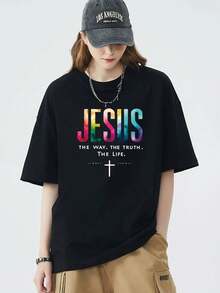 Women's Casual Knitted Round Neck Short Sleeve T-Shirt With Jesus The Way The Truth The Life Print - Black - View 1
