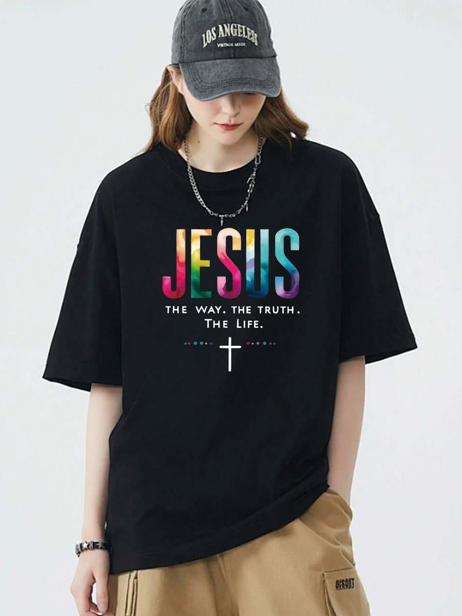 Women's Casual Knitted Round Neck Short Sleeve T-Shirt With Jesus The Way The Truth The Life Print - Black - View 1