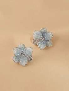 一对优雅蓝色花朵水钻耳钉，时尚百搭，适合日常佩戴，女士必备。 - 藍色 - 查看 3