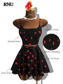 RNU 女士情人节假日休闲套装，荷叶边蝴蝶结可爱优雅弹力腰A字裙，性感派对、泳池派对、约会、假日、旅行装、休闲服、生日套装、婚礼宾客、狂欢节派对、新年优雅套装，心形印花吊带背心和迷你裙两件套 - 黑色 - 查看 1