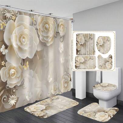 1件/3件/4件套轻奢植物珍珠花卉浴帘套装，含马桶座圈、浴室地垫和地垫，时尚铂金花卉浴帘，非常适合浴室装饰、通用房间装饰、家居装饰套装，浴室配件浴帘、马桶边垫、地垫和浴帘套装