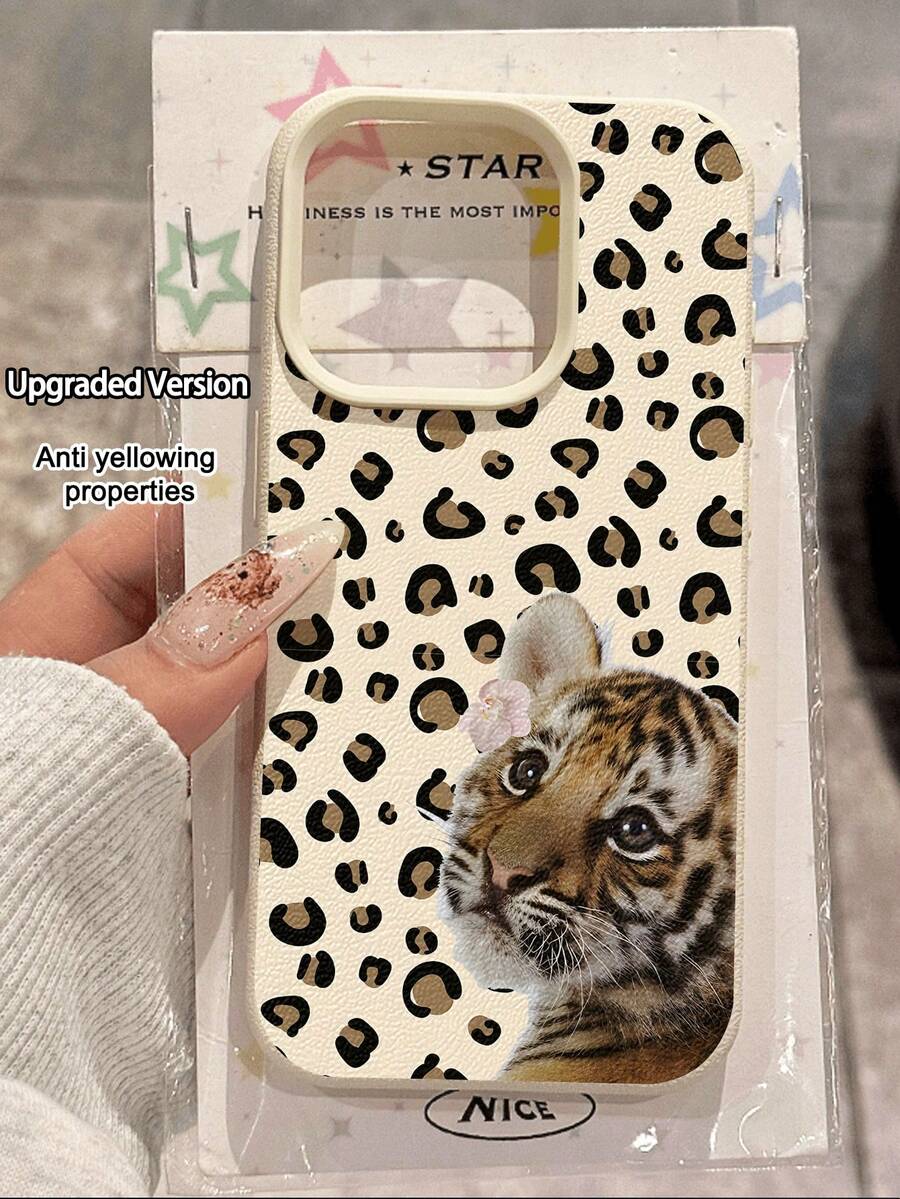 1pc Minimalist Leopard Print Cute Tilted Head Tiger Pattern Waterproof Anti-Fall Anti-Slip Soft Phone Case, Suitable As Birthday, Holiday Gift For Friends, Family, Couples, Compatible With Apple, Phones - Multicolor - View 1