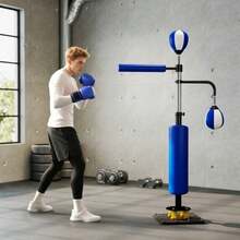 Boxing Stand, Two Speedballs, Rotating Punching Bar, Punching Pads, Adjustable Height, Steel, 107 X 36 X 140-205 Cm, Blue