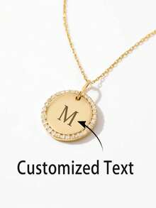 1pc Customized Gold Diamond Disc Necklace, Coin Necklace, Personalized Letter Pendant Necklace, Gift For Her - Gold - View 3