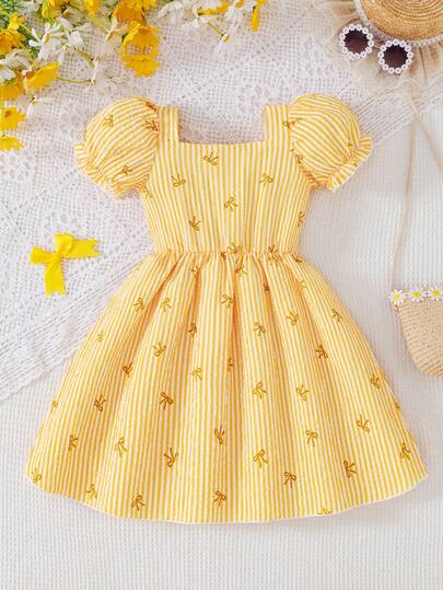 Young Girl Casual Striped Contrast Color Bow Print Flared A-Line Short Sleeve Square Neck Dress, Suitable For Daily, Home, Outdoor Wear, Spring/Summer