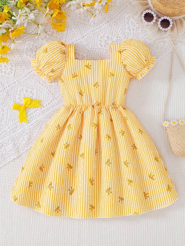 Young Girl Casual Striped Contrast Color Bow Print Flared A-Line Short Sleeve Square Neck Dress, Suitable For Daily, Home, Outdoor Wear, Spring/Summer