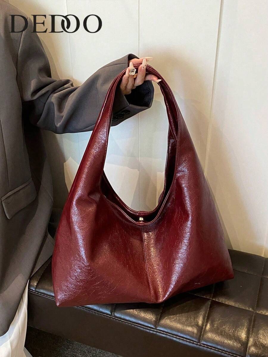 Vintage Commuter Large Capacity Bag For Women 2024 New Texture Soft Leather Shoulder Bag Simple And Versatile Crossbody Tote Bag - 紅色 - 查看 1