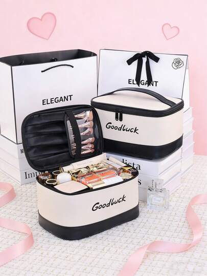 New Arrival Black & White Contrast Color Portable Makeup Bag, Large Capacity Storage Organizer, Multi-Functional Cosmetic Bag, Compartmentalized Makeup Pouch, Travel Toiletry Bag For Brushes, Skincare, Cosmetics,Pouch,Makeup Pouch,Travel Essential