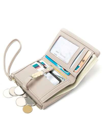 FOREVER MIYIN Billetera pequeña minimalista de unicolor de piel sintética suave PU con decoración de anillo de metal y cierre a presión, gran capacidad multifunción con múltiples ranuras para tarjetas y correa para la muñeca, ligera, elegante, versátil y portátil, ideal como regalo para cumpleaños/Día del maestro/aniversario/Día de San Valentín