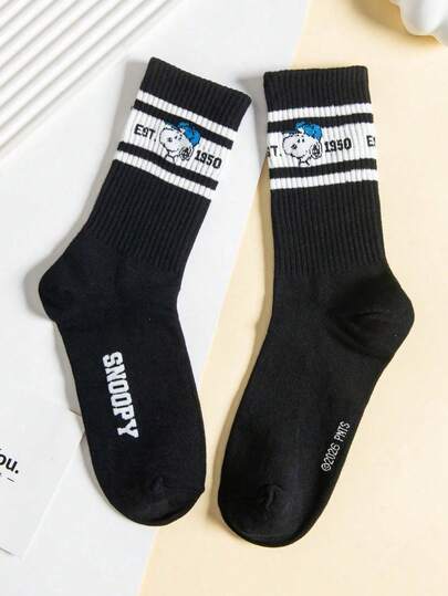  1 Pair Authentic Snoopy Pattern Men's Crew Socks, Cute Cartoon Design Snoopy Men's Socks, Odor-Resistant Moisture-Wicking Casual Versatile Sports Crew Socks With Cartoon Pattern, Suitable For Students/Adults As Gifts And Daily Wear