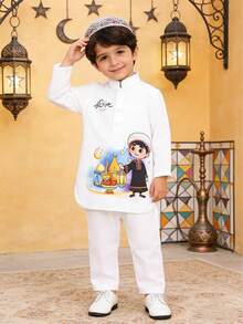 Ramadan Limited Edition Spring New White Long Sleeve 2 Pieces Set For Baby Boys, Cartoon Boy Print Baby Boy Traditional Festival Outfit - White - View 3