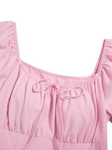 Elegant Long Dress For Women, Square Neckline, Lantern Short Sleeves, Pleats, Back Tie, Solid Color, Suitable For Autumn Wear.Summer Dress Elegant Dresses For Party - Pink - View 10