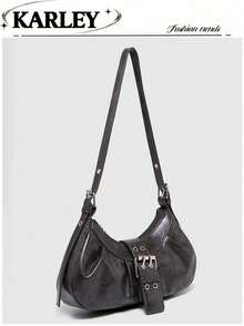 1pc Women's PU Leather Bag, Fashionable Pleated Edge, Retro Shoulder Underarm Bag, Y2K Chic Bag, Minimalist Solid Crescent Bag, Ladies Handbag - Grey - View 7