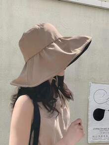 1顶新款韩版女士可折叠大檐遮阳帽，夏季款，黑色乙烯基材质，防紫外线，渔夫帽