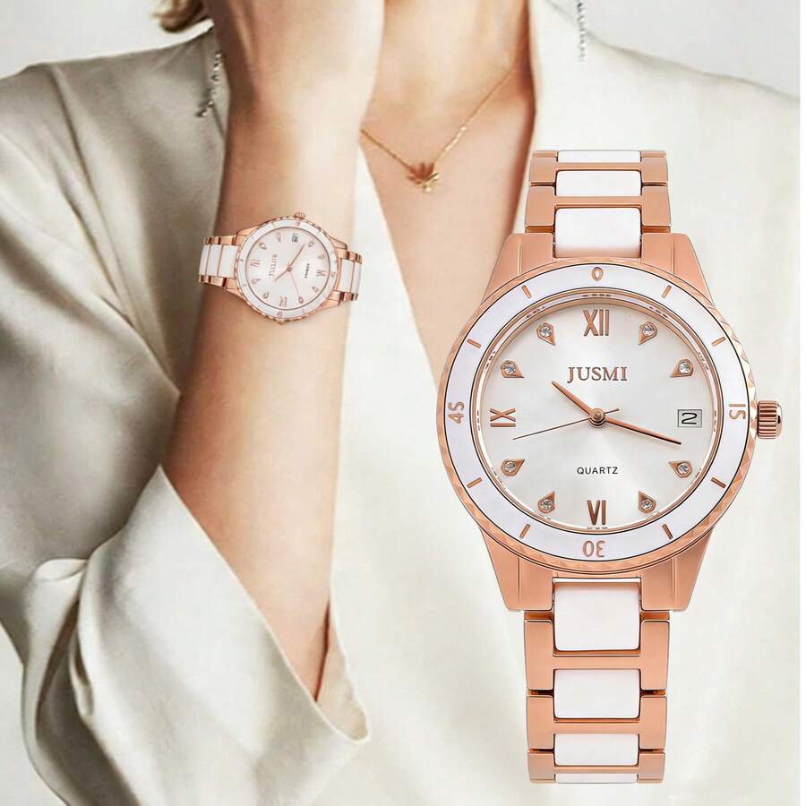 1 chiếc đồng hồ nữ đính đá toàn bộ, mặt số La Mã, dây thép tối giản, máy quartz, thích hợp để đeo hàng ngày, làm quà sinh nhật, quà kỷ niệm, quà khuyến mãi cuối năm, ngày độc thân, quà Halloween. Không kèm hộp quà. - Hoa hồng vàng - Xem 1