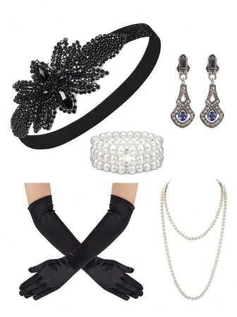 5pcs 1920s Flapper Style Women Costume Accessories Set, Including Feather Headband, Vintage Pearl Necklace, Gloves, Rhinestone Earrings And Party Headpiece, Suitable For Women