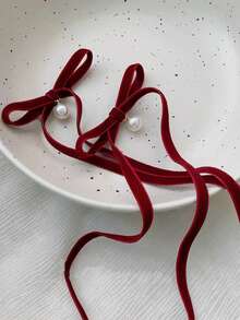 2pcs/Set Velvet Ribbon Bow Faux Pearl Hair Clips, Ballerina Style Hair Accessories, Suitable For Ponytail, Bangs, Any Occasion, Claw Clips, Hair Slide, Hair Barrettes - Multicolor 1 - View 5