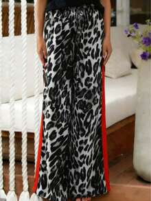 Plus Size Women's Classic Leopard Print Pants With Pockets, Drawstring Waist, Elastic Waistband, Comfortable & Loose Fit, Suitable For Home, Daily Wear, Commuting, Spring & Summer - Light Grey - View 6