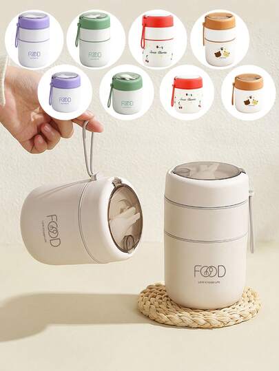 1pc Stainless Steel Breakfast Cup With Spoon, Transparent Lid, Portable, Mini Lunch Box, Suitable For Office Workers, Students, Outdoor