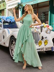 Chiffon Backless Keyhole Bridesmaid Dress, Elegant Sleeveless Maxi Dress With Belt And Slit - Mint Green - View 6