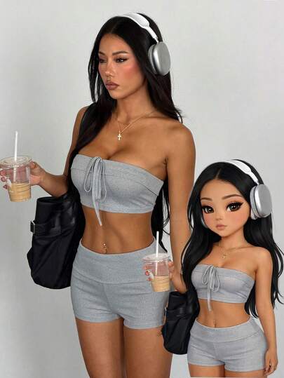 AITYI Studio Women's Set: Well Fit, Casual, Stylish, Sexy, Slimming, Simple, Outdoor, Perfect For Graduation, Back To School, Christmas, New Year, Thanksgiving, And Autumn. Includes A Strapless Cropped Top And Gathered Shorts In A Stretch Knit Two Pieces Set.