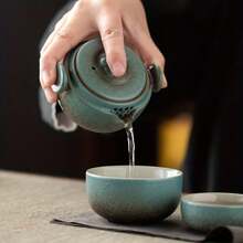 1 Set Portátil de Té para Viajes al Aire Libre, Juego de Tetera Compacto Pequeño, Taza de Cerámica de Preparación Rápida, 1 Tetera y 2 Tazas de Té - Verde - Ver 7