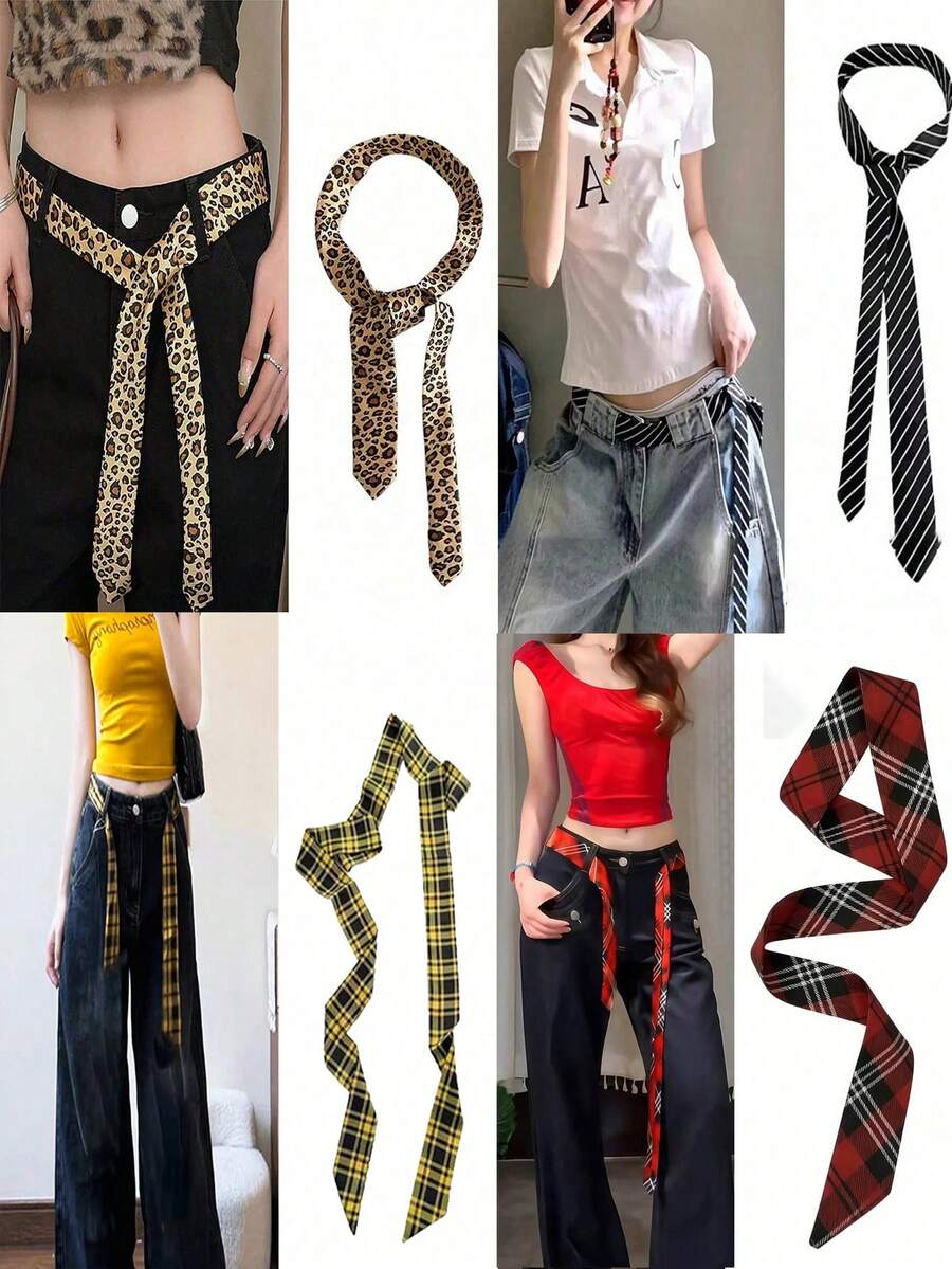 女士时尚街头风条纹休闲腰带，豹纹腰带，英伦风条纹针织领带，派对装扮配饰，衬衫装饰，创意空间，桌面装饰，生日惊喜，送给家人和朋友的圣诞礼物 - 彩色 - 查看 1