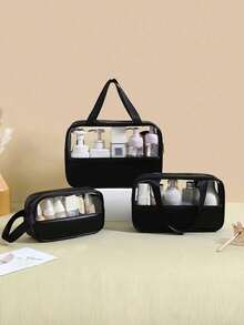 Dual Handle Large Capacity Transparent Makeup Bag, Suitable For Cosmetics And Toiletries, Beach Bag, Back To School Summer Travel Essentials - Black - View 5