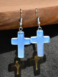 Natural Stone Cross Earrings, Vintage Personalized Design Turquoise & Amethyst & Rhodochrosite Pendant Earrings - Multicolor - View 15