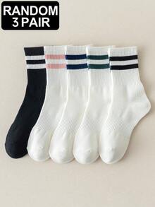 1/3/4/5 双装 女士白色经典条纹腰部舒适柔软简约休闲运动中筒袜