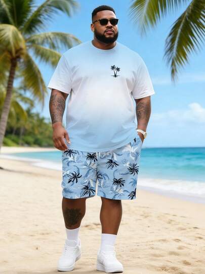 Conjunto de camiseta de manga corta con estampado de palmeras en degradado azul claro + pantalones cortos con estampado de palmeras en todo el diseño para hombres de talla grande, estilo holgado y estilizante para vacaciones en la isla, 2 piezas