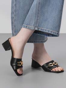 Athlefit Women's Raffia Heeled Sandals Square Open Toe Slip On Mules Chunky Block Heels With Metal Chain For Summer Vacation - 黑色 - 查看 4
