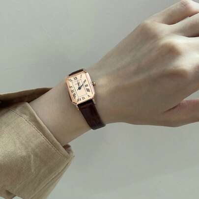 EMERY ROSE 1pc Minimalist Women's Rectangular Roman Numeral Dial Fashion Bamboo Strap Watch, Suitable For Daily Wear, Birthday, Anniversary Gift, Year-End Promotion, Singles Day, Halloween Promotion