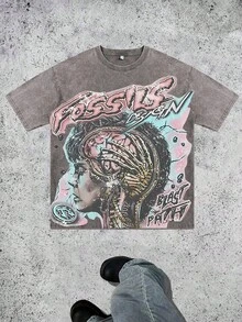 Cartoon  Printed Washed Cotton T-Shirt, Made Of 100% Cotton High-Quality Fabric  Relaxed And Comfortable, Suitable For Both Men And Women - 灰色 - 查看 1