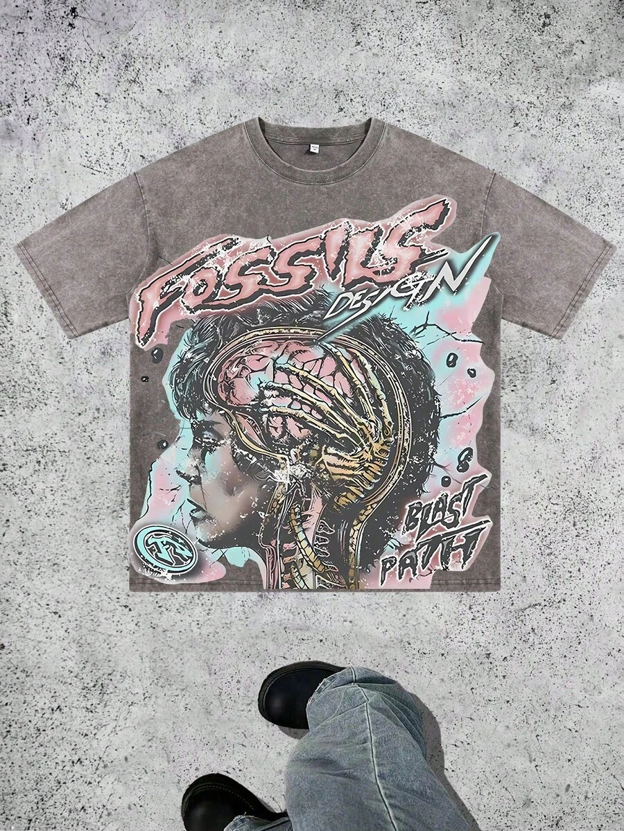 Cartoon  Printed Washed Cotton T-Shirt, Made Of 100% Cotton High-Quality Fabric  Relaxed And Comfortable, Suitable For Both Men And Women - 灰色 - 查看 1