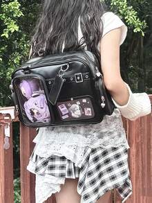 Dedoo 日系新款PU皮革时尚Y2K爱心链条透明徽章包购物休闲简约街头通勤多功能大容量单肩斜挎包，可装杂物，可挂钥匙链，可放明信片（吊坠链/吊环随机发送，不含玩偶/卡片） - 黑色 - 查看 6