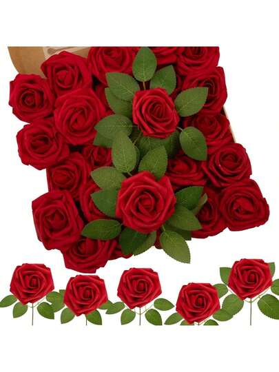 27pcs Artificial Flowers 25 Roses With Stems And 2 Green Leaves, DIY Foam Flower Art, Used For Wedding Bouquet/ Center Decoration, Outdoor Party Background, Room/ Table And Garden/ Flowerpot Decoration,Vase Decorations, Valentine's Day And New Year Decorations, Outdoor Gardens, Back To School Season, Rama Decorations
