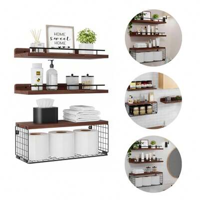 3 Repisas Flotantes de Madera de 40x15cm, Estantes Organizadores Minimalistas tipo Librero, con Canasta, organizador de baño montado en la pared,Ideales para Decoración en Sala, Cocina, baño, Cuarto, Oficina. Soportan Hasta 10 Kg, Fácil Instalación