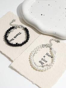 2pcs Handmade Beaded Black & White Star Sequin Stackable Bracelets, Minimalist Couples Everyday Wear - Black and White - View 3