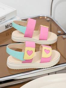 1 Pair Girls' Summer Flat Sandals, Heart Stitching Design, Colorblock, Hook And Loop Closure, Round Toe Slip-On Flats, Suitable For Beach, Vacation, Daily Wear - Multicolor - View 3