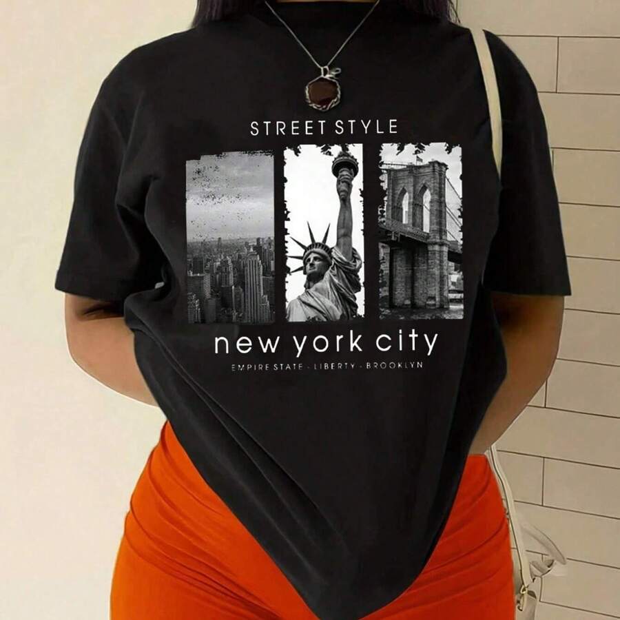 Printed Short-Sleeved T-Shirt STREET STYLE New York City EMPIRE STATE LIBERTY - Black - View 1
