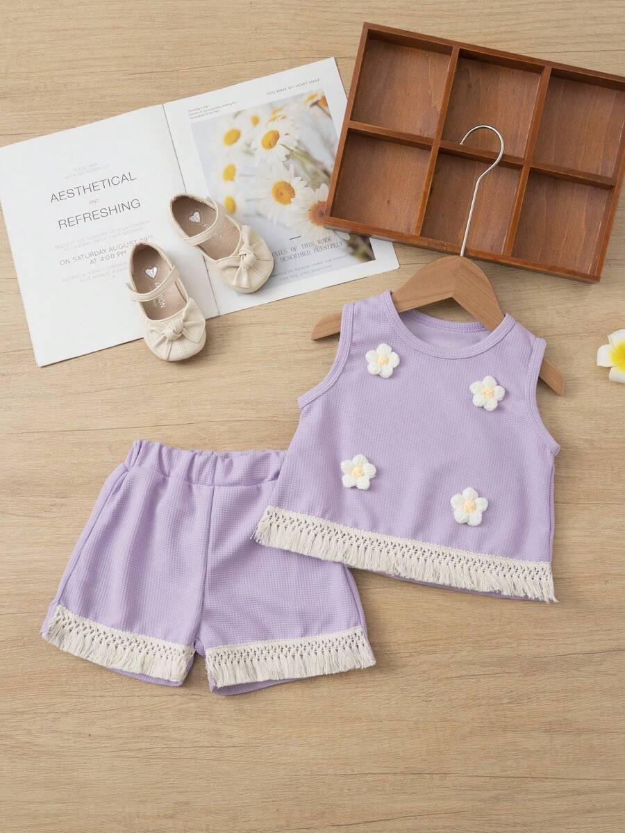 2pcs/Set Girls 3-7Y Sleeveless Top & Shorts Set, 3D Flower & Tassel Decor, Waffle Knit, Sweet Summer Outfit