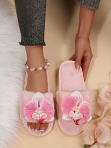 Women's Floral Decor Soft Plush Slip-On Slippers - Pink - View 4
