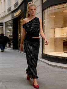 Women's Two-Piece Dress Set, Featuring A One-Shoulder Polka Dot Print Tank Top And A Fitted Long Skirt, Perfect For Elegant Party And Event Wear. - 黑色 - 查看 1