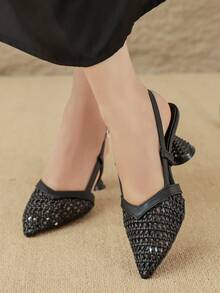 Women's Fashion Woven Hollow Out Sandals, 2026 Summer New Buckle Closed Toe Mid Heel Commuter Shoes - Black - View 5
