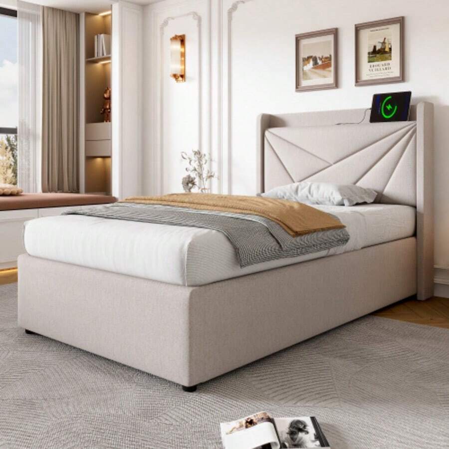 Polsterbett Einzelbett Stauraum Bettkasten Mit USB Typ C Ladefunktion Kopfteil, Stauraumbetten Bettgestell Aus Leinenmaterial Jugendbett 90x200 Mit Lattenrost(Ohne Matratze) - Beige - View 1