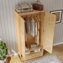 Wardrobe With Hanging Rail, 2-Door Wardrobe, Bedroom, Rattan Net, Living Room, With Bottom Flip-Top Lid, Chipboard + PE Rattan, Natural - Khaki - View 2